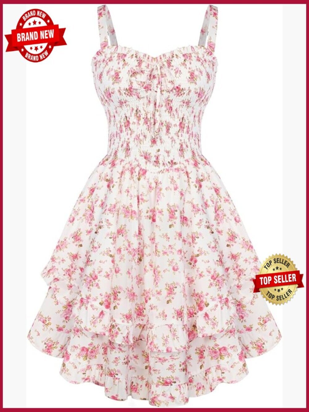 Smocked Floral Sundress - Flowy Ruffle Mini Dress with Pockets